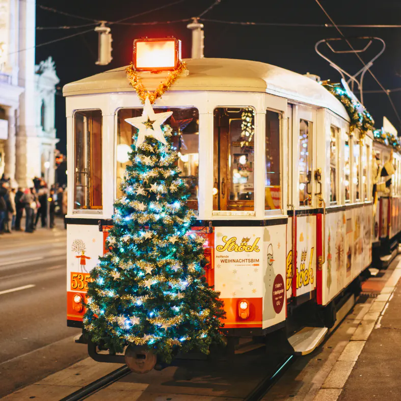 Viena, Austria - December 2017: Christmas decorated tram on the
