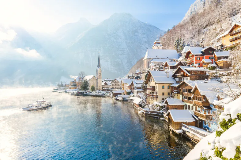 Classic view of Hallstatt with ship in winter